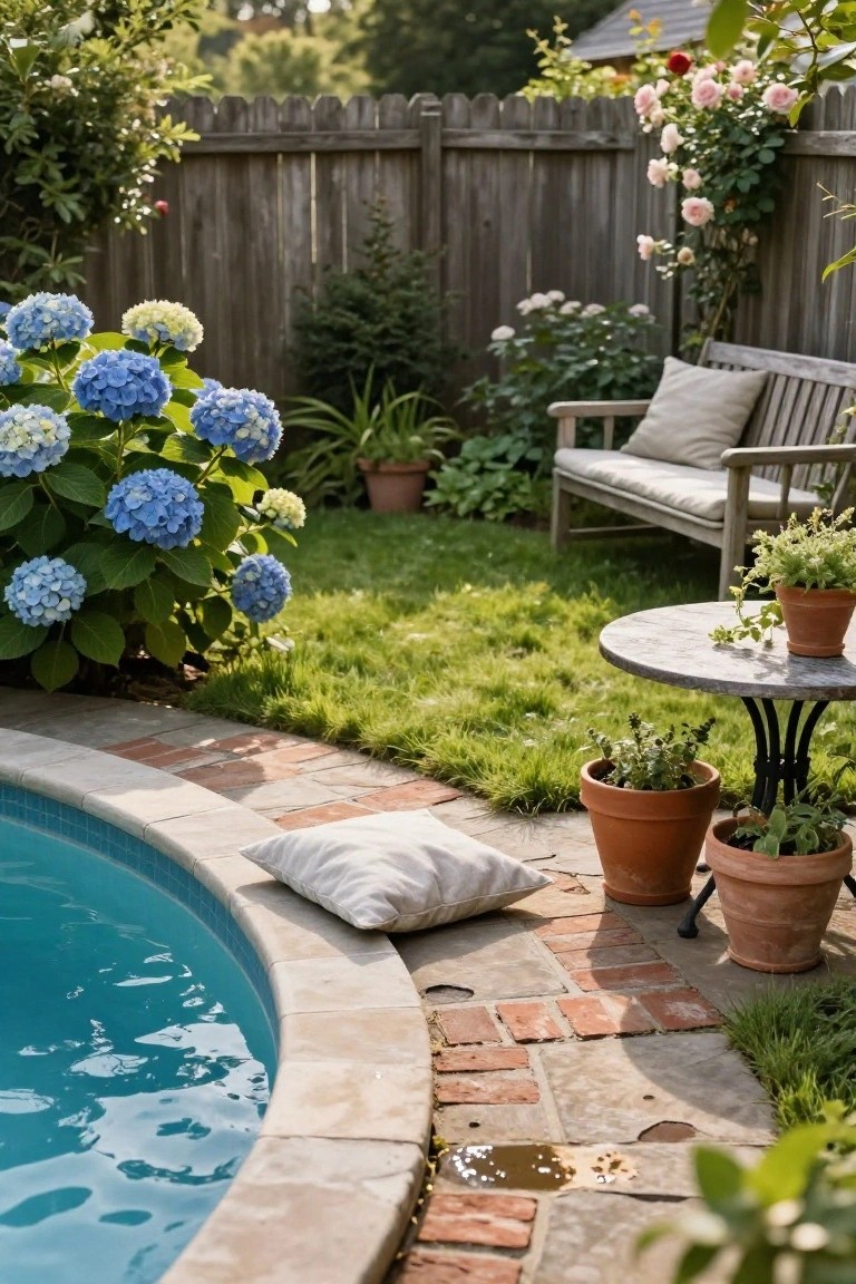 Curved blue semi-inground pool with brick and stone edging, wooden bench with white cushions on gravel path nearby, small round metal table with terracotta pots of herbs and plants, large blue hydrangea bushes and wooden fence in lush backyard garden.