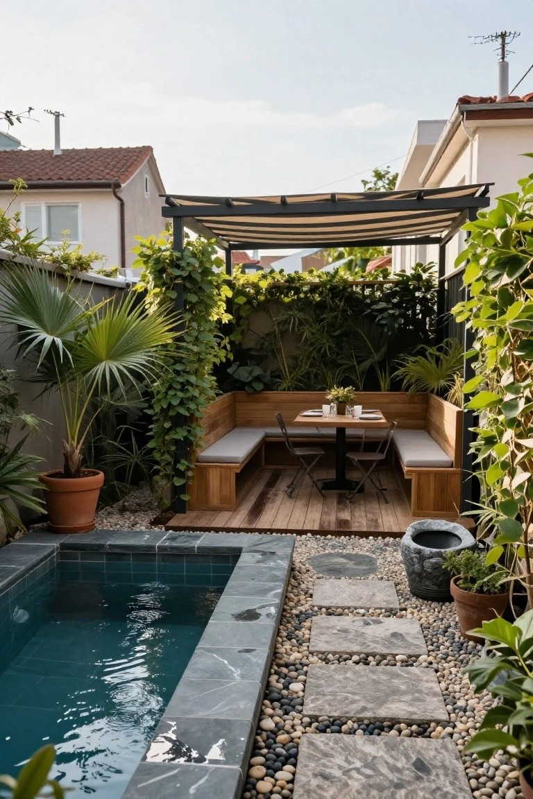 Backyard with turquoise semi-inground pool edged in black stone tiles, wooden L-shaped bench seating and table under black pergola with striped awning and climbing vines, surrounded by potted palms, ferns, pebble path, and large ceramic pots.