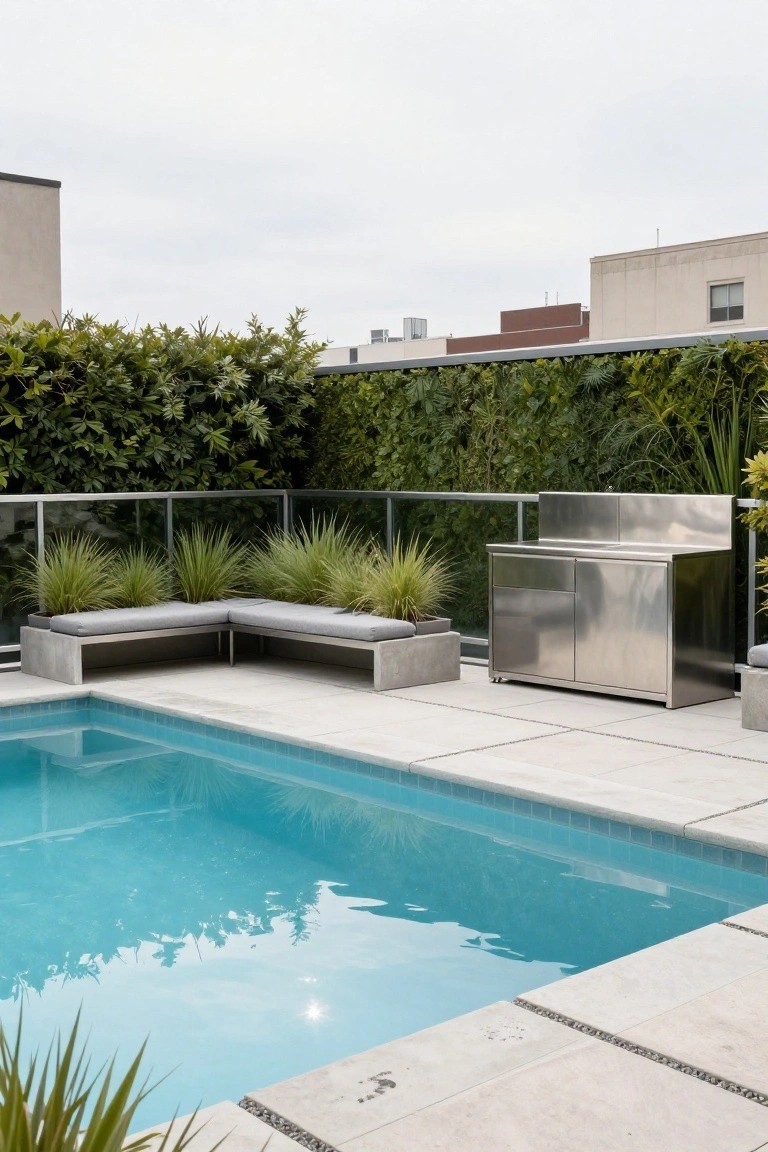 Rooftop terrace with small turquoise semi-inground pool, L-shaped concrete bench seating with gray cushions and grass planters, stainless steel outdoor kitchen unit, glass balustrade, and surrounding green hedges.