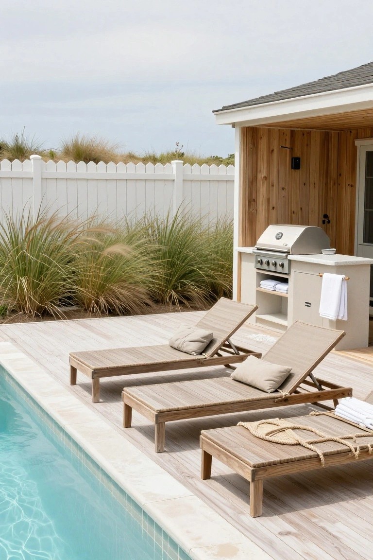 Three beige teak chaise lounges with beige pillows on a light wood deck next to a blue tiled semi-inground pool, with an outdoor kitchen grill and cabinets nearby, tall ornamental grasses, and a white picket fence in the background.