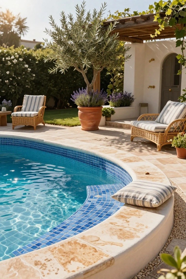 Curved blue mosaic-tiled semi-inground pool with beige stone coping, flanked by rattan lounge chairs with white and blue striped cushions, terracotta pots of plants, and an olive tree on a tiled patio in a sunny garden.