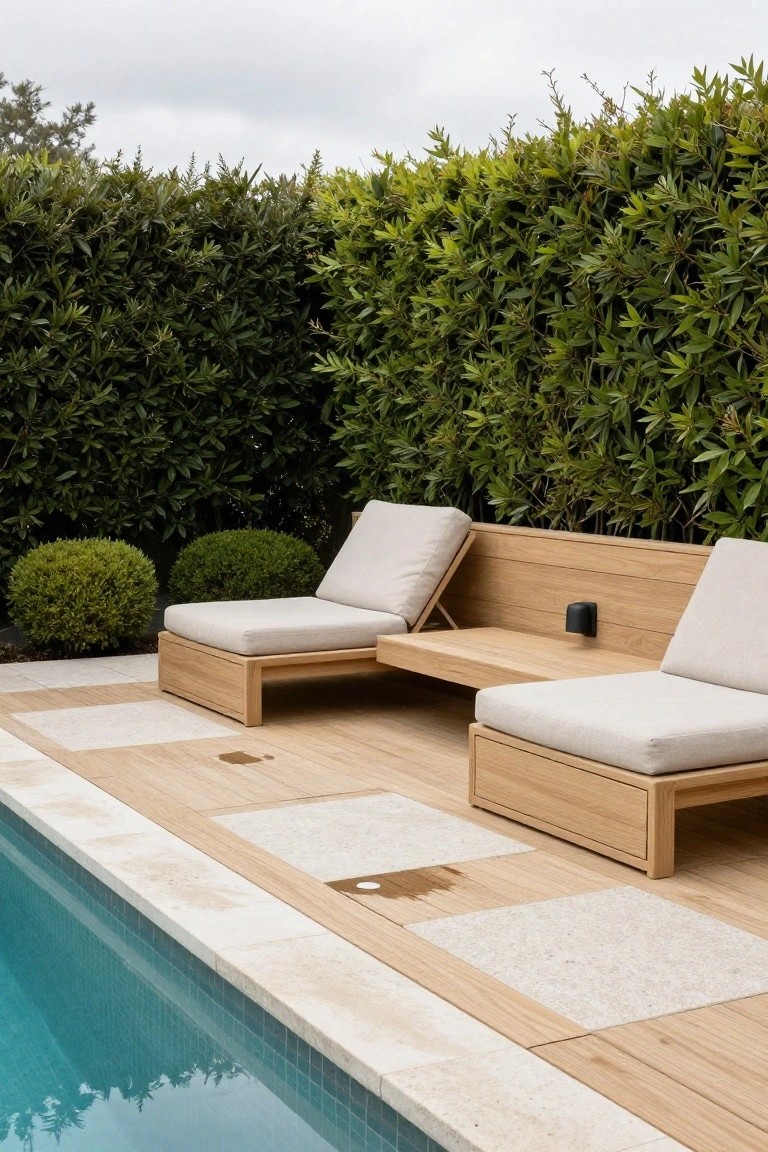 Light wood modular loungers with cream cushions and connecting bench on a wooden deck beside a turquoise semi-inground pool, backed by tall green hedges.