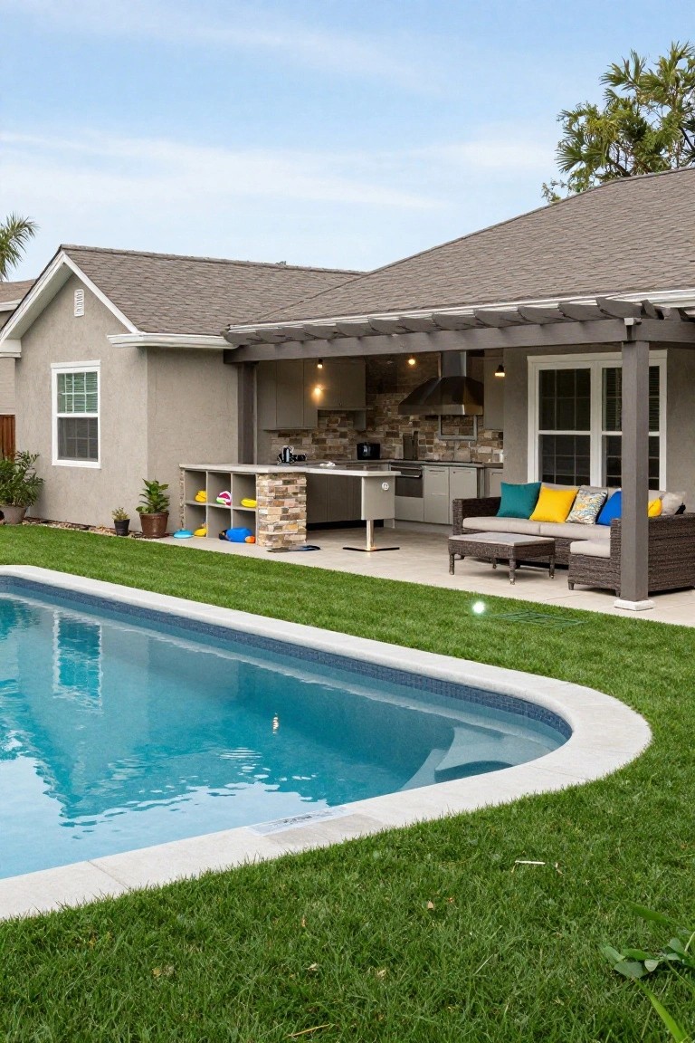 Beige house with covered pergola patio featuring outdoor kitchen, stone bar, cabinets, and wicker sofa with colorful cushions next to a curved turquoise semi-inground pool edged in white tile and surrounded by green lawn.