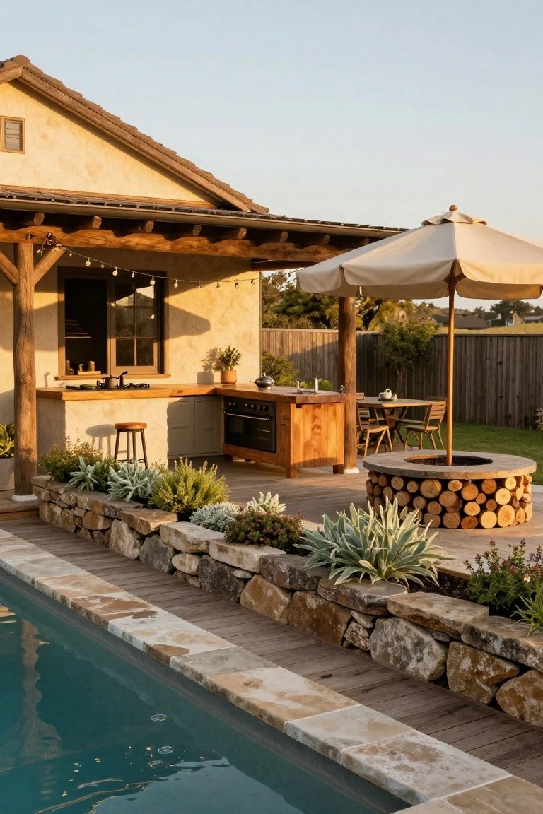 Backyard view of a semi-inground pool with stone wall edging and wooden deck surround, adjacent outdoor kitchen bar under wooden pergola with appliances, potted plants, outdoor seating, beige umbrella, and log fire pit.