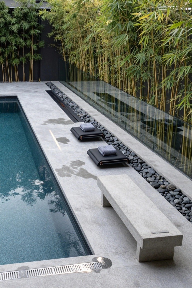 Overhead view of a rectangular turquoise pool with gray stone deck, linear black pebble trench alongside, two black sun loungers with gray towels, concrete bench, glass fencing, and bamboo screen behind.