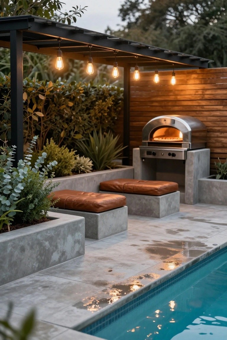 Backyard semi-inground pool edged by concrete patio with built-in stainless steel pizza oven on a base, tan leather cushions on concrete benches, potted plants, wooden fence, and black pergola with hanging bulb lights.