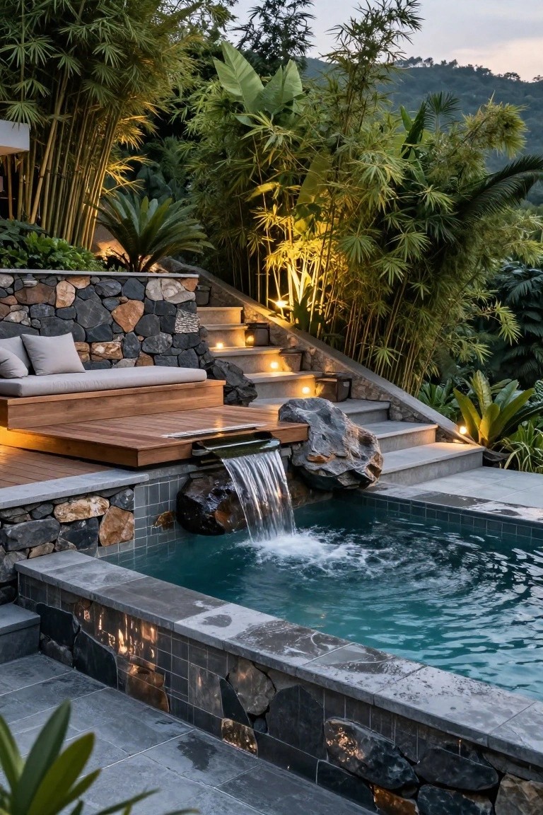 Semi-Inground Pool with Rock Waterfall