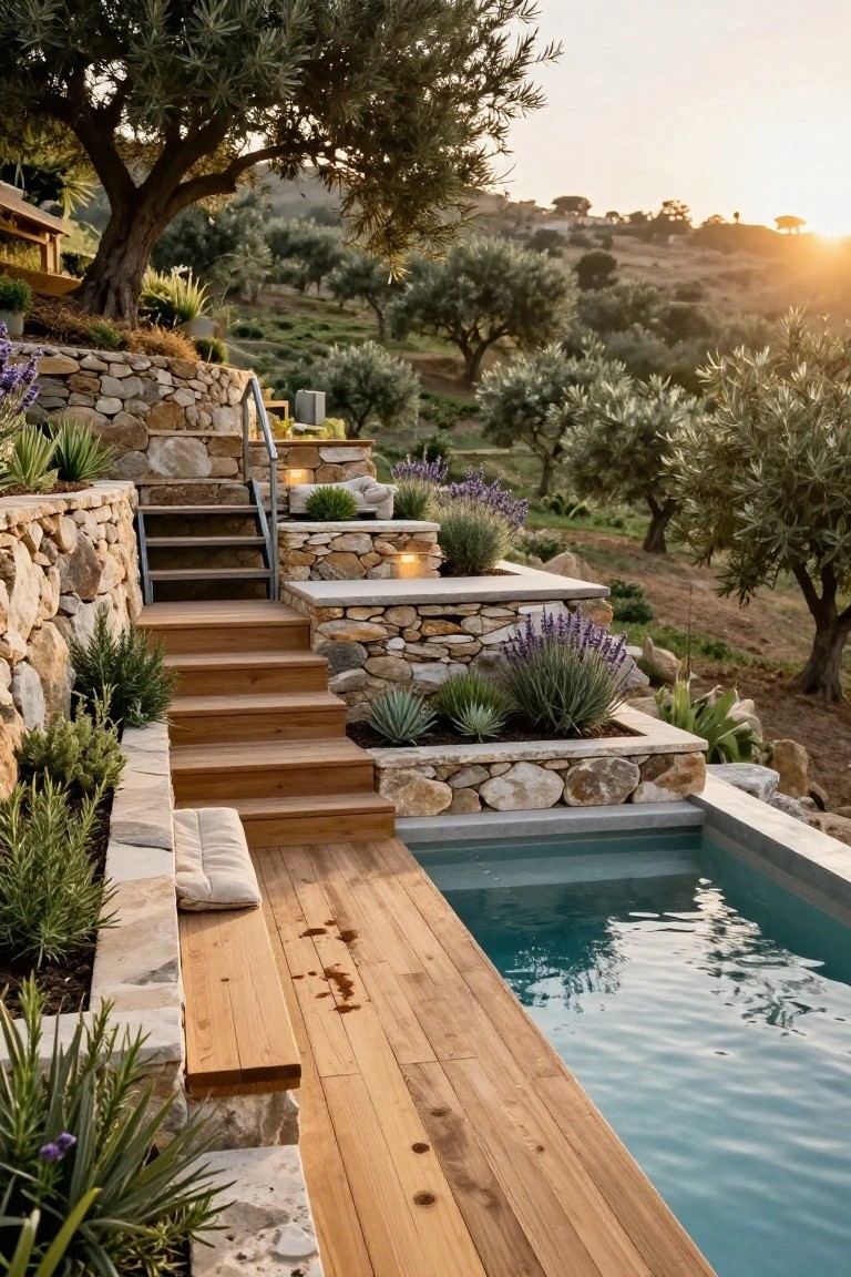 Semi-inground pool with turquoise water next to a light wooden deck platform and descending wooden steps, bordered by stone retaining walls planted with succulents, lavender, and agaves, amid olive trees on a hillside at sunset.