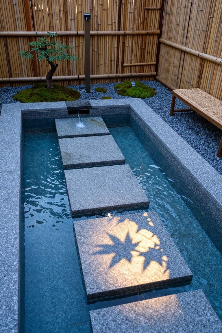 A shallow rectangular semi-inground pool with large gray rectangular stone slabs stepping across the clear blue water, bordered by gray stone edging, gravel ground cover, bamboo fencing, a bonsai tree, moss mounds, and a wooden bench.