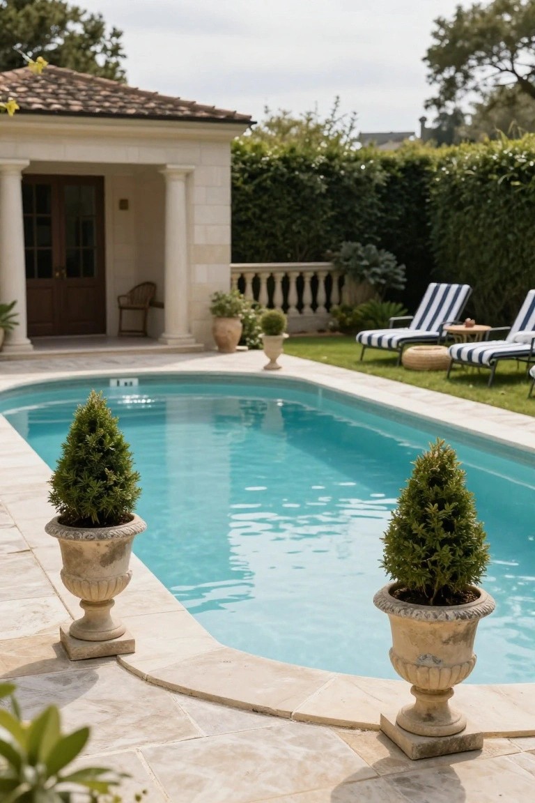Turquoise semi-inground pool flanked by two large stone urns planted with conifer trees, next to a beige stucco pool house with columns, striped lounge chairs on grass, and green hedges in the background.