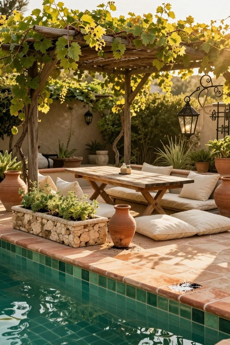 Wooden pergola covered in green grapevines shading a poolside area with floor cushions, wooden table, terracotta pots, and plants next to a green-tiled semi-inground pool.