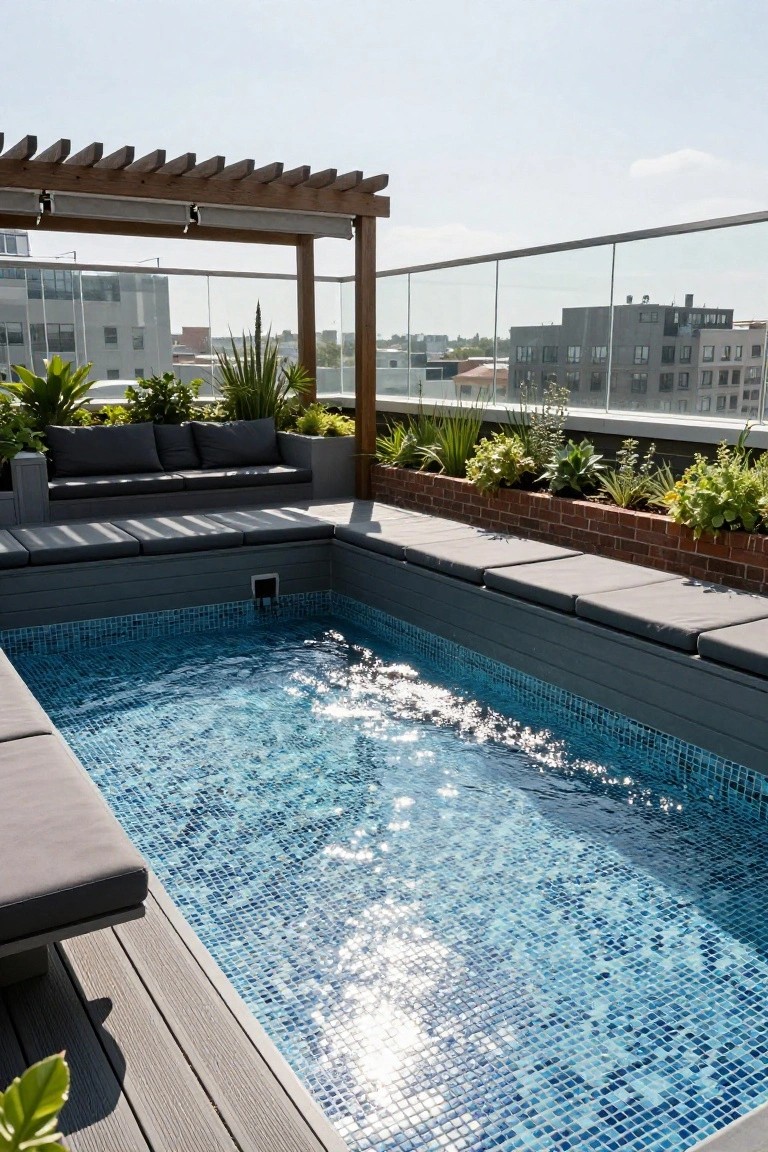 Rooftop terrace featuring a rectangular plunge pool with bright blue mosaic tiles, surrounded by built-in gray benches, potted plants, a wooden pergola, and glass railings with city buildings in the background.