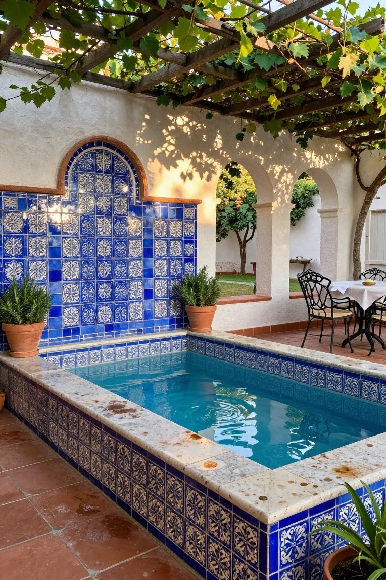 Small rectangular plunge pool edged and surrounded by intricate blue and white Talavera-style ceramic tiles, set in a terracotta-floored outdoor courtyard with white stucco arches, grapevine-covered pergola, potted plants, and a nearby bistro table with chairs.
