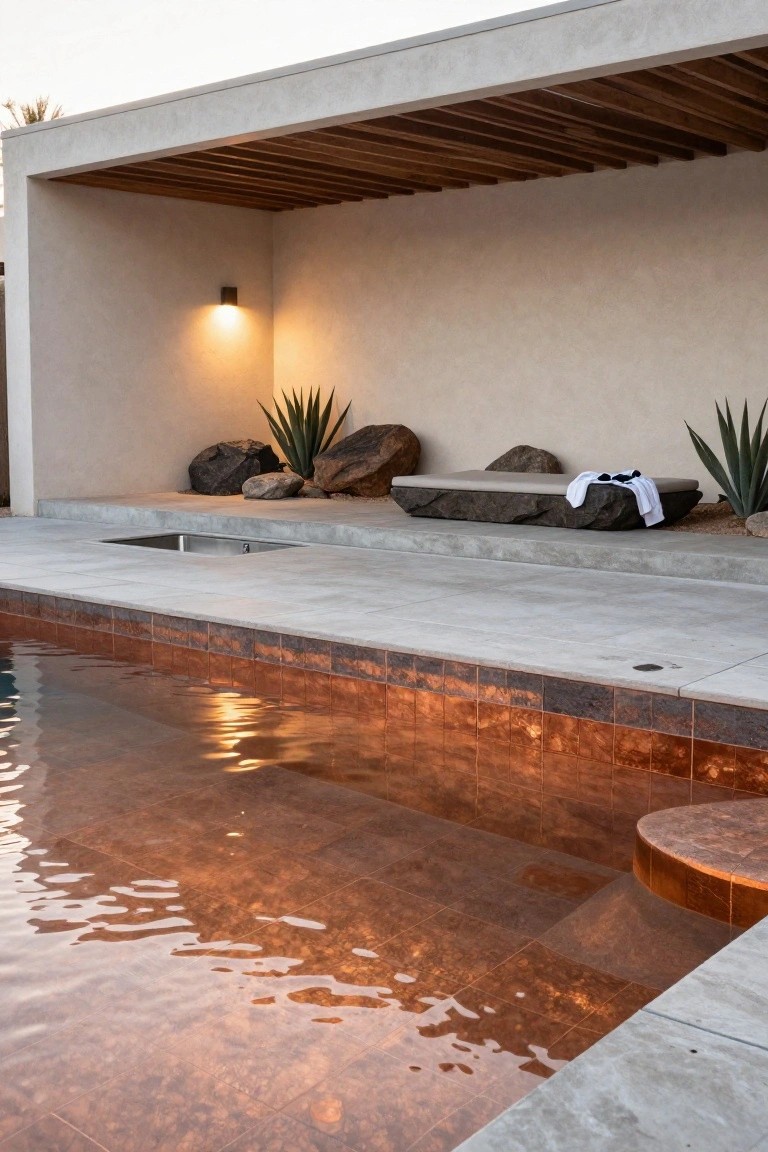 Pool with copper-toned tiles and rippling water, adjacent concrete deck with stainless steel sink, boulder daybed topped with cushions and white towel with sunglasses, agave plants and rocks nearby, under wooden pergola with wall light.