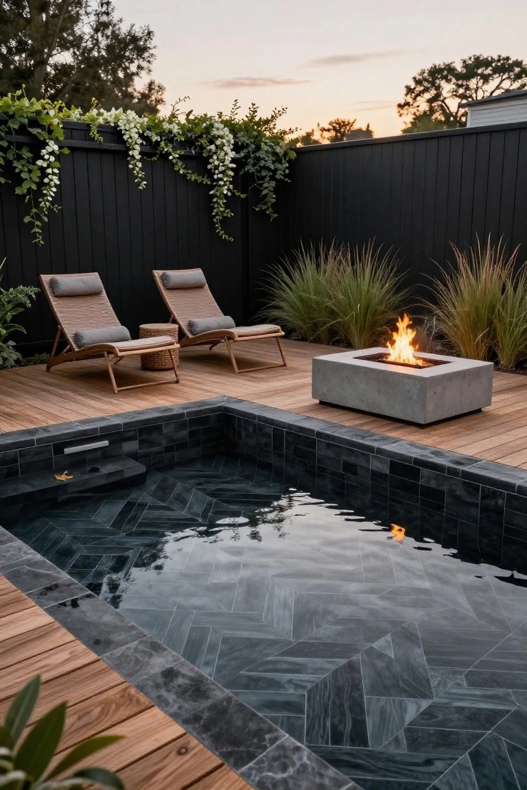 A small rectangular pool lined with dark gray-black tiles in a herringbone pattern, adjacent to a wooden deck with teak lounge chairs, a concrete fire table with flames, tall grasses, and a black fence draped in white flowering vines at dusk.