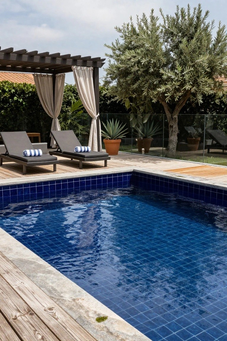 Corner view of a rectangular pool lined with deep blue mosaic tiles, adjacent to a wooden deck with two gray loungers topped with white-and-blue towels, a pergola with beige curtains, potted agaves, and nearby olive trees.