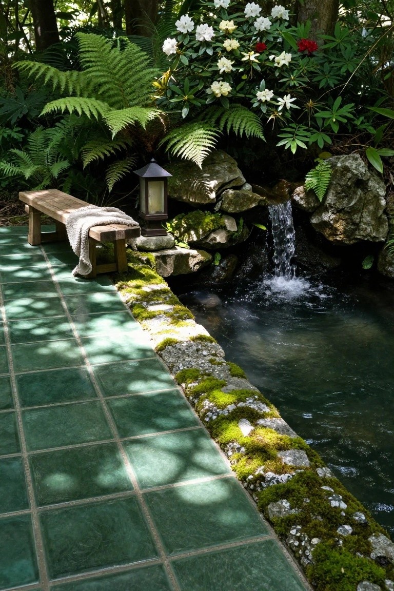 Outdoor green-tiled patio next to a small rock-lined pond with waterfall, wooden bench draped with a blanket, stone lantern, ferns, rhododendrons, and mossy edging in a forested setting.