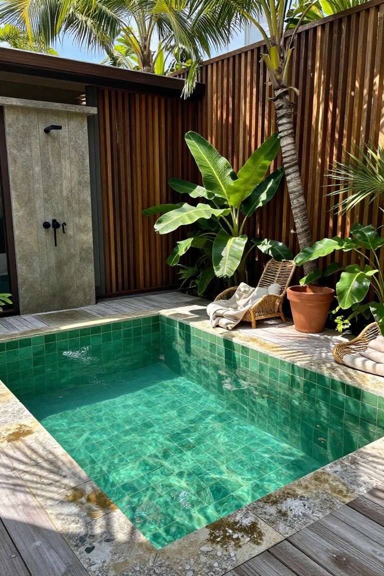 Small rectangular plunge pool lined with vibrant green mosaic tiles, surrounded by wooden decking, rattan loungers with white towels, potted plants, large banana leaves, palm trees, and a stone outdoor shower enclosure against a wooden fence.