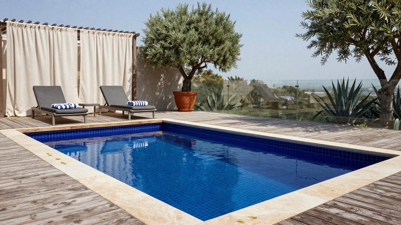 Corner view of a rectangular pool lined with deep blue mosaic tiles, adjacent to a wooden deck with two gray loungers topped with white-and-blue towels, a pergola with beige curtains, potted agaves, and nearby olive trees.