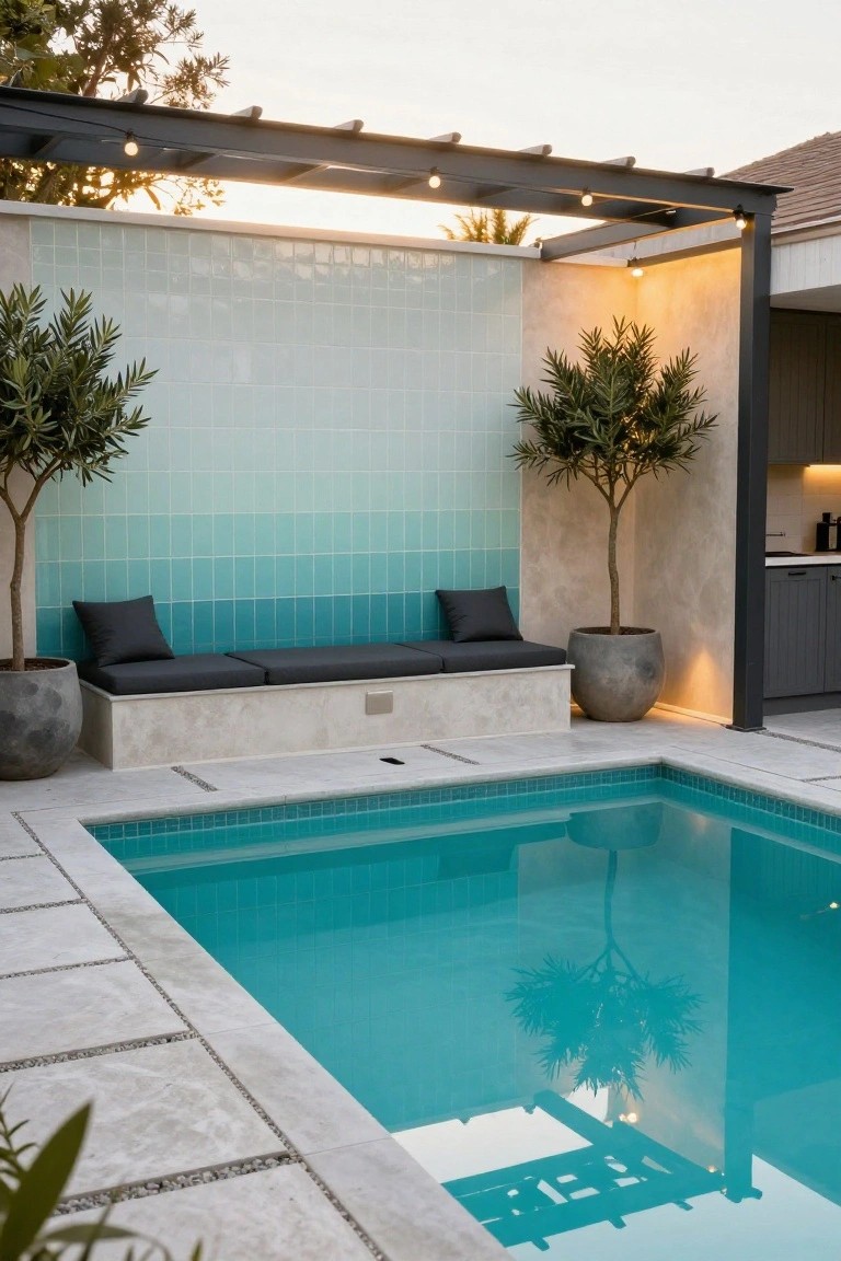Outdoor pool area featuring a wall of gradient tiles from light blue-green to teal behind a built-in stone bench with gray cushions, flanked by potted olive trees, under a black metal pergola with string lights, next to pebble paving and a gray kitchen cabinetry corner.