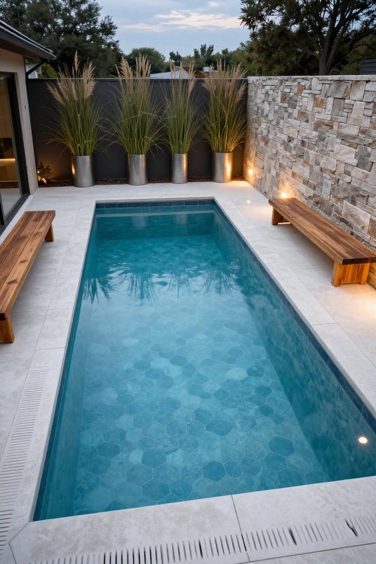 Narrow rectangular lap pool lined with light turquoise hexagonal mosaic tiles, flanked by wooden benches on a light tiled deck, backed by a stone wall with tall pampas grasses in metal pots and soft ground lighting at dusk.