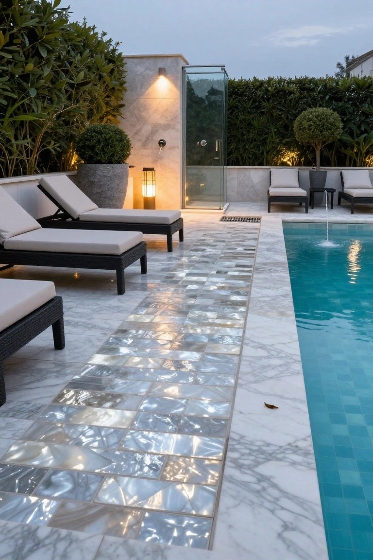 Outdoor poolside deck with iridescent mosaic tiles bordering a turquoise-tiled pool, lounge chairs, potted plants, an outdoor shower enclosure, and hedges in the evening light.