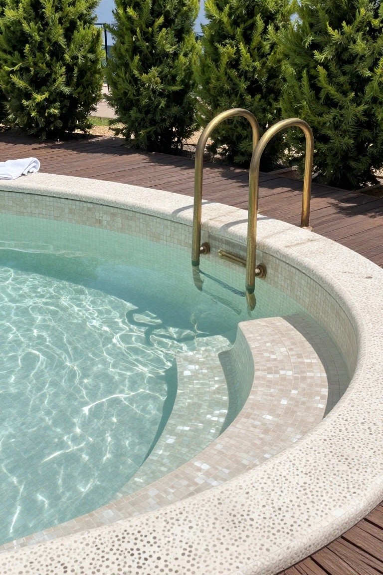 Close view of a round pool with pearlescent mosaic tiles on the curved edge and steps, gold ladder leading into turquoise water, wooden deck surrounding the base, and tall green shrubs nearby.