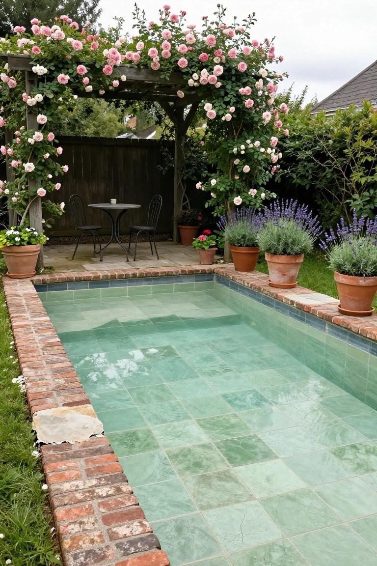 Small rectangular pool with light green tiles and blue trim, bordered by brick, surrounded by potted lavender and other plants, wooden arbor covered in pink roses, black metal bistro table and chairs on stone patio, garden fence in background.