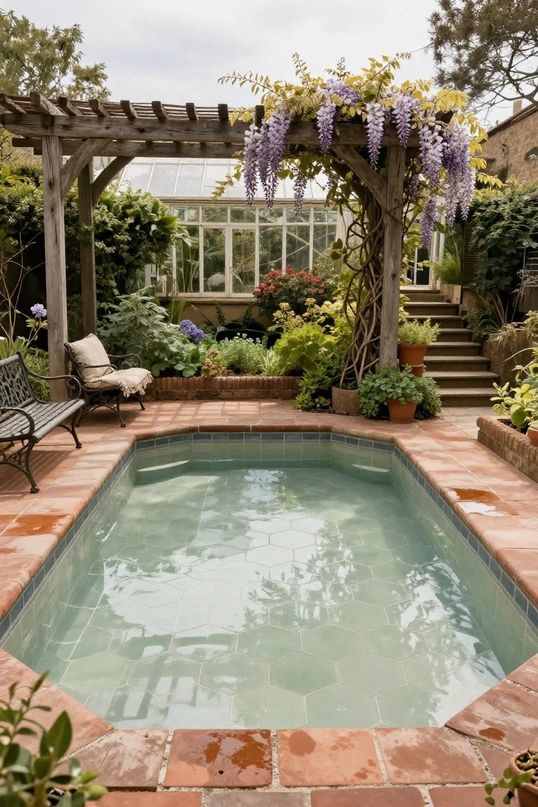 Small rectangular pool with pale green hexagonal tiles and turquoise edging, surrounded by terracotta pavers, a metal bench and cushioned chair, potted plants, steps leading to a greenhouse, and wisteria-draped wooden pergola in a lush garden setting.