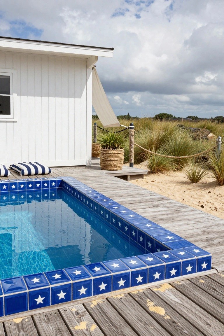 Small rectangular pool with blue tiles featuring white star patterns along the edges, bordered by weathered wooden deck extending to sandy beach, white clapboard house and tall beach grass nearby.