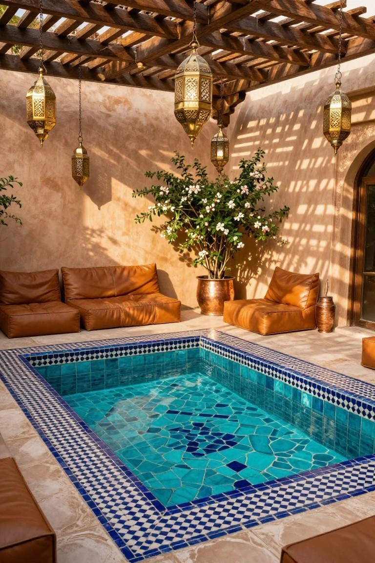 Rectangular in-ground pool lined and bordered with turquoise and blue mosaic tiles, surrounded by tan leather seating poufs and low chairs on a stone terrace under a wooden pergola with hanging brass lanterns, next to adobe walls and a potted flowering shrub.
