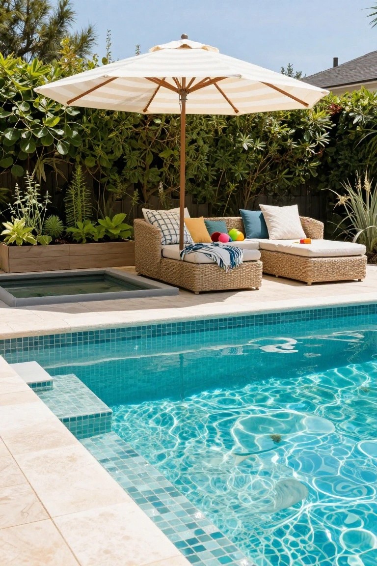 Backyard pool with turquoise mosaic tiles on the edge and steps, beige travertine decking, wicker lounge chairs under a white striped umbrella, spa tub, and surrounding plants and greenery.
