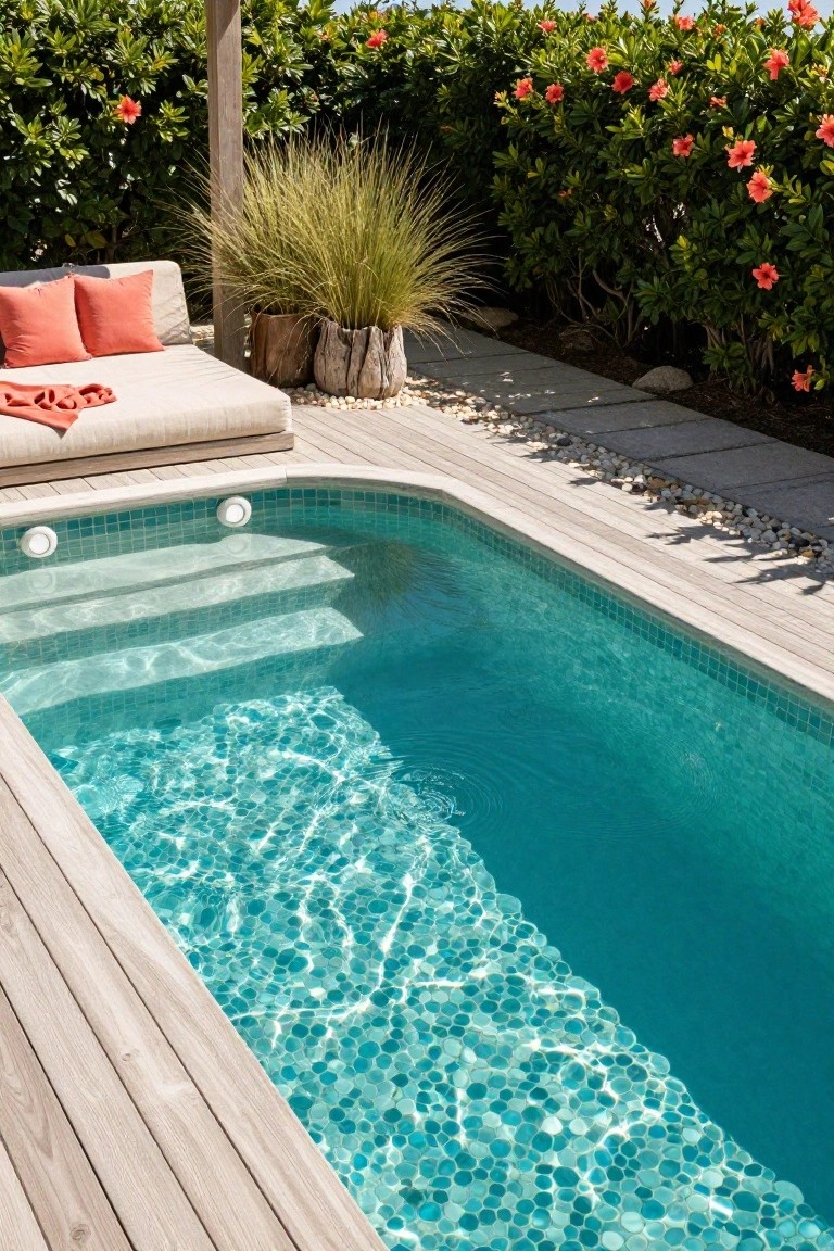 A rectangular pool lined with turquoise mosaic tiles and entry steps, bordered by light wood decking, a pebble and stone pathway, potted grasses in a tree-trunk planter, a beige daybed with orange cushions, and dense green hibiscus hedges.