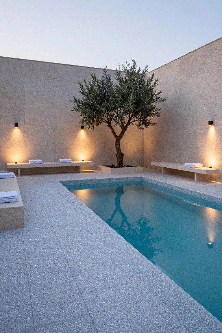 Corner pool with vibrant turquoise tiles and clear water, surrounded by light gray terrazzo deck, beige stucco walls, olive tree in square planter, built-in stone benches with white towels, and black wall lights at dusk.