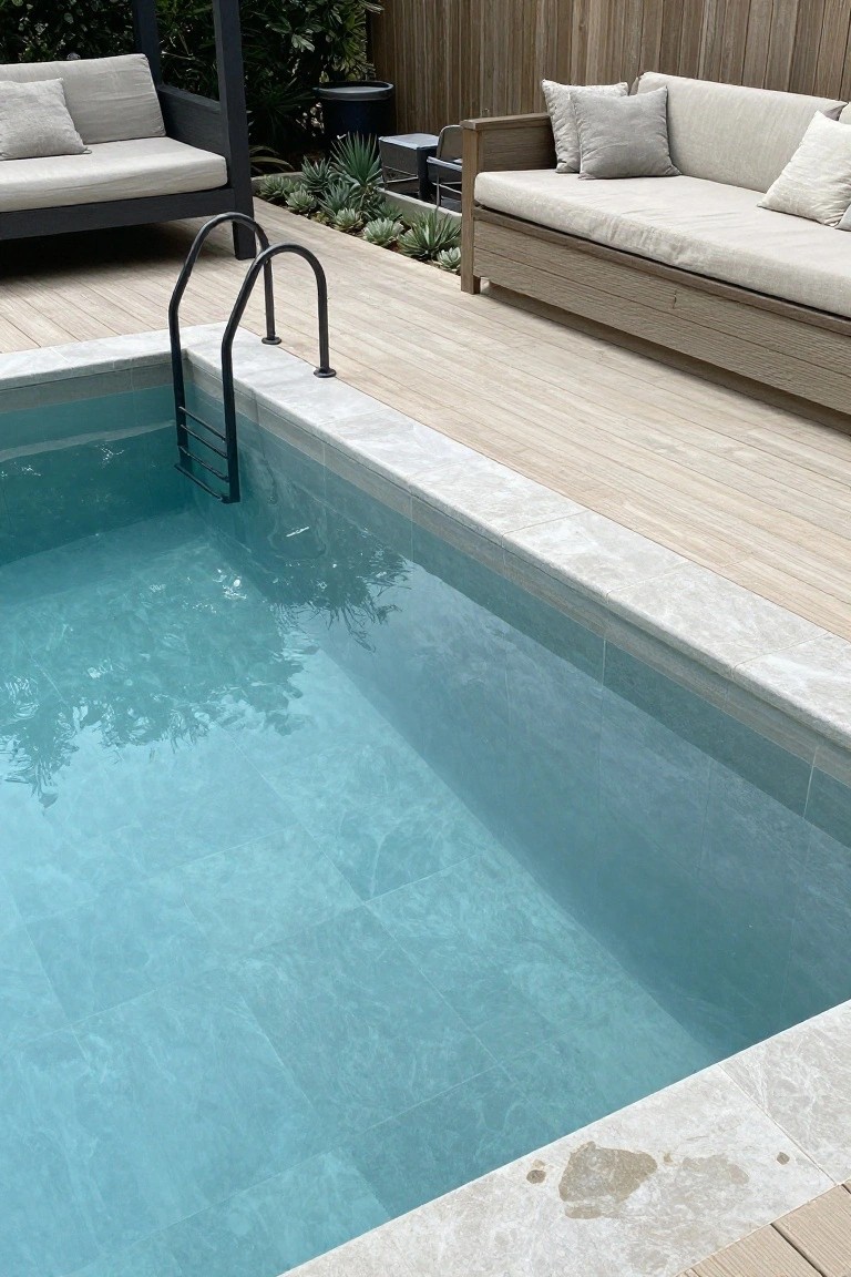 Close-up of a rectangular pool with turquoise mosaic tiles, white marble coping, black metal ladder, light wood decking, and nearby outdoor sofas with gray cushions amid greenery.