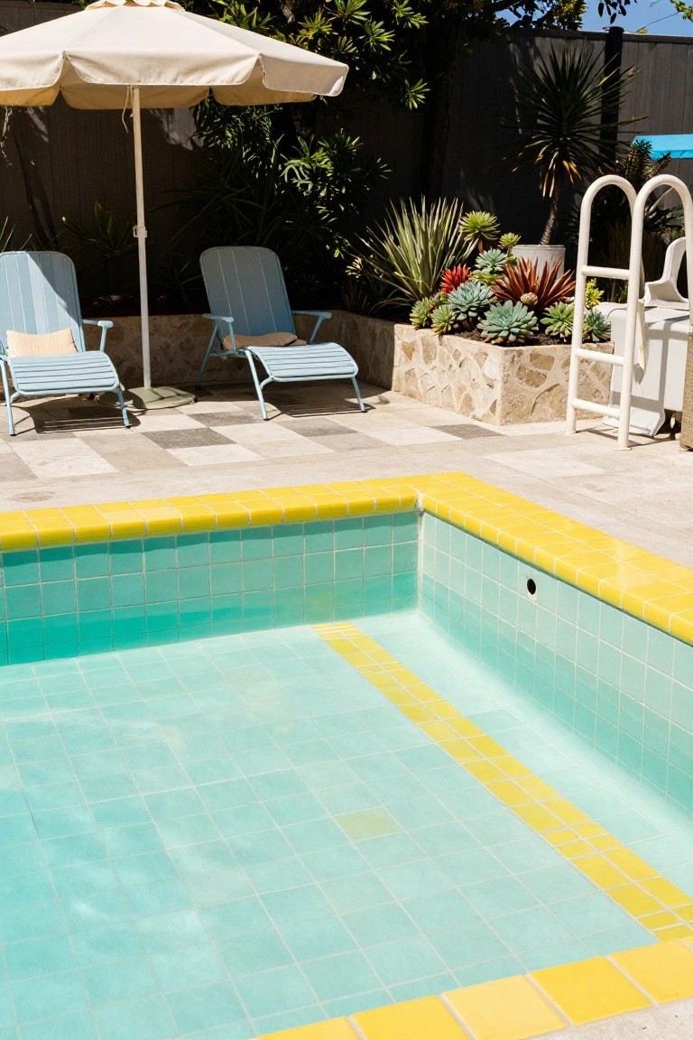 Corner of a turquoise-tiled swimming pool with yellow border tiles, two turquoise lounge chairs under a beige umbrella, potted succulents in stone planters, and a white pool ladder against a wooden fence.