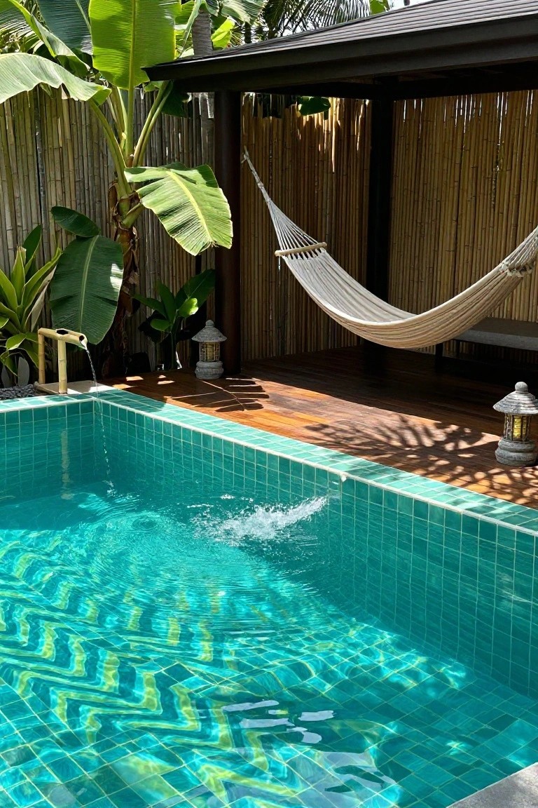 A small rectangular pool with turquoise zigzag mosaic tiles, a bamboo water spout filling it, white hammocks hanging nearby, stone lanterns, tropical plants, and bamboo screening around a wooden deck under a dark roof.