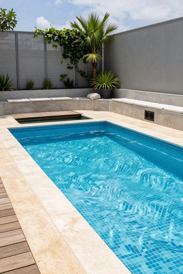 Rectangular pool with bright blue mosaic tile lining and rippling turquoise water, edged by beige travertine coping and wooden decking, with built-in concrete benches, potted plants, and a palm tree in a modern outdoor patio setting.