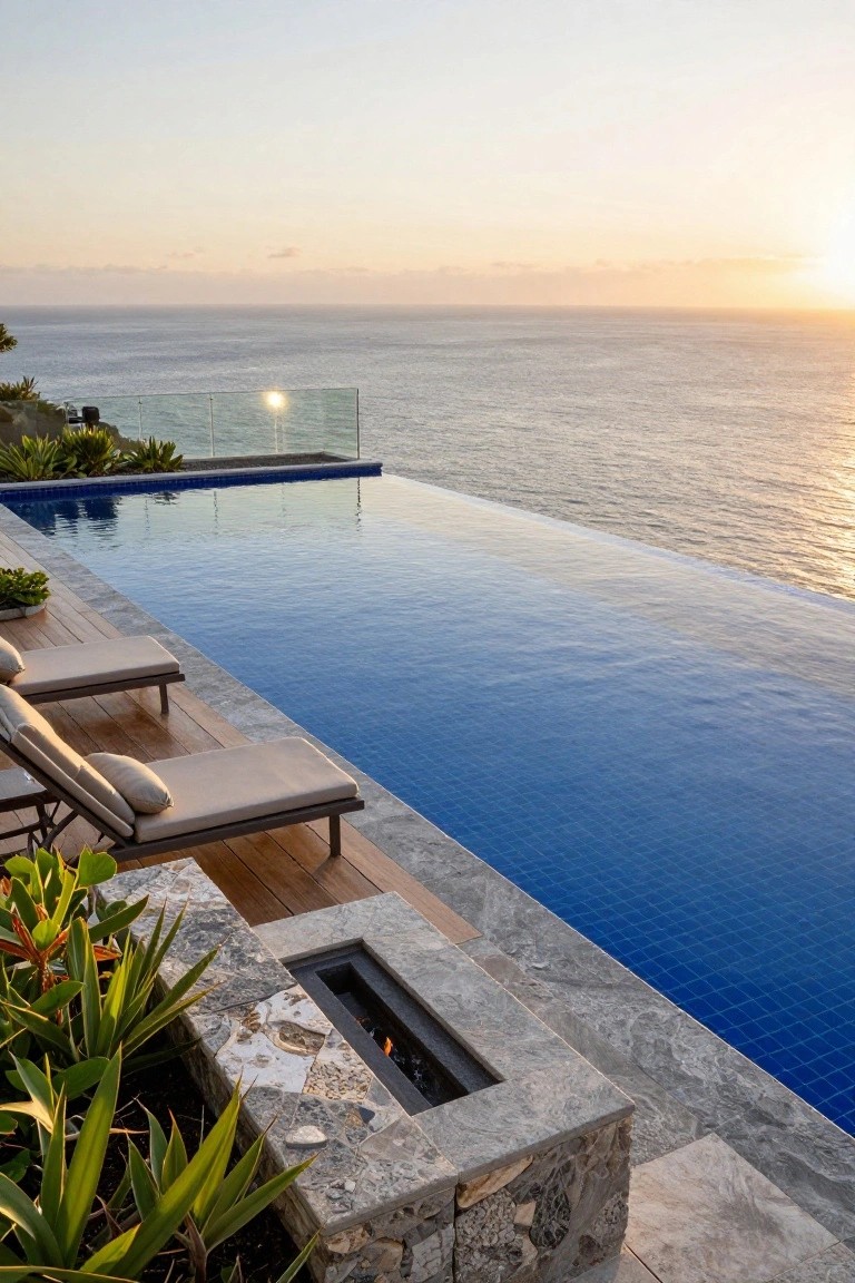 Infinity-edge swimming pool with vibrant blue mosaic tiles along a wooden deck with lounge chairs, stone fire pit, plants, glass railing, and ocean horizon at sunset.