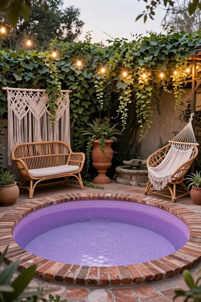 Small round hot tub with purple mosaic tiles centered in a brick-edged outdoor patio surrounded by rattan furniture, potted plants, a hammock chair, string lights, and ivy-covered walls.