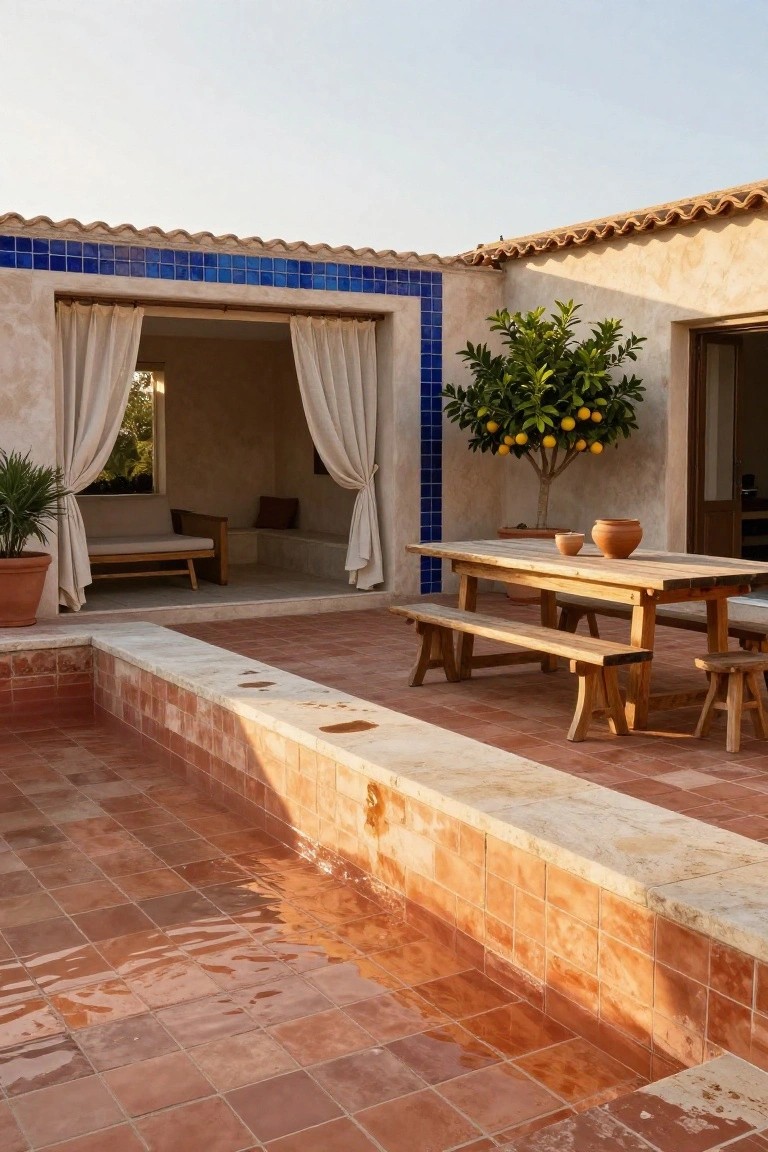 Outdoor terrace with shallow pool surrounded by red terracotta tiles, wooden dining table and benches, potted palm and citrus tree, beige curtains on open stucco structure, and blue tile accents on beige walls.