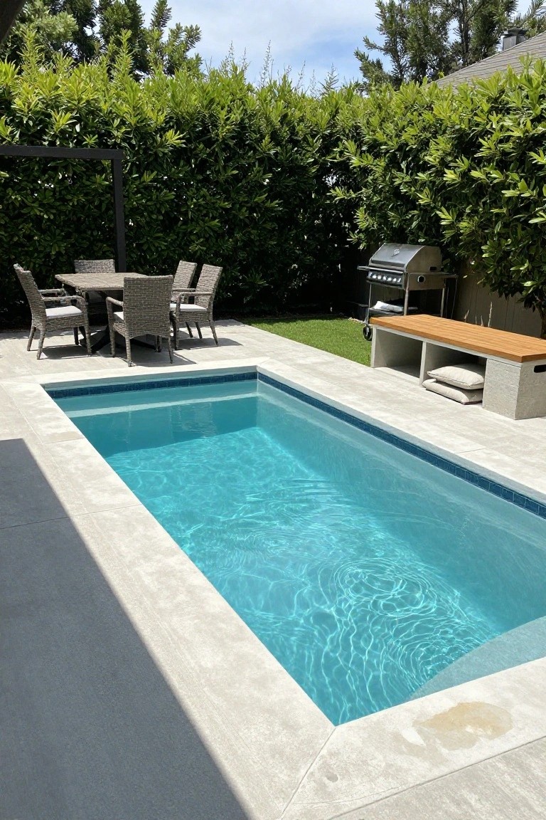 Narrow rectangular pool with turquoise water and dark blue edging set into a light gray concrete patio in a backyard surrounded by tall green hedges, with a wicker outdoor dining table and chairs, stainless steel barbecue, and wooden bench with cushions nearby.