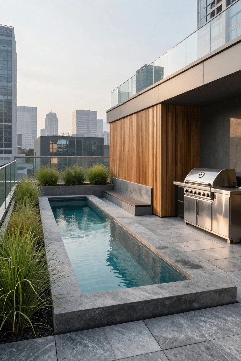 Rooftop terrace with narrow rectangular infinity pool, stainless steel BBQ grill, wooden accent wall, concrete bench, potted tall grasses, and glass railings overlooking city skyline.