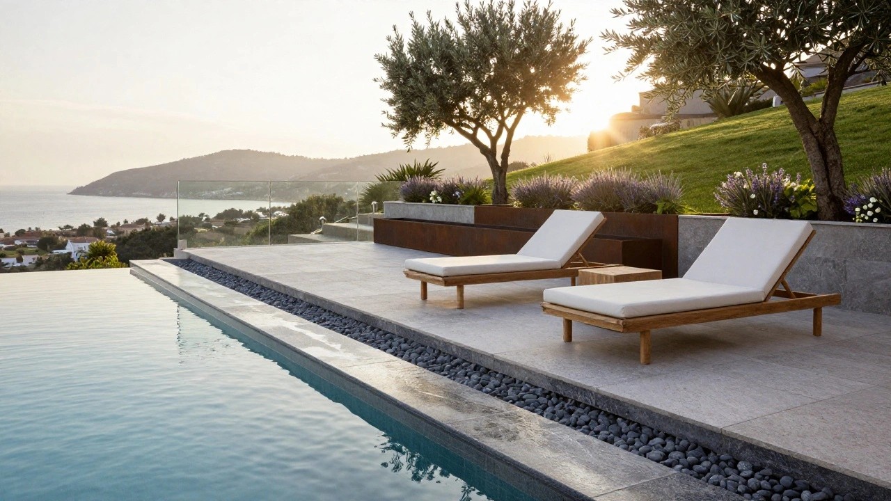 Infinity pool on a dark stone deck with two adjacent white teak loungers and pillows, overlooking the ocean at sunset, with olive trees, lavender plants, and pebble edging nearby.