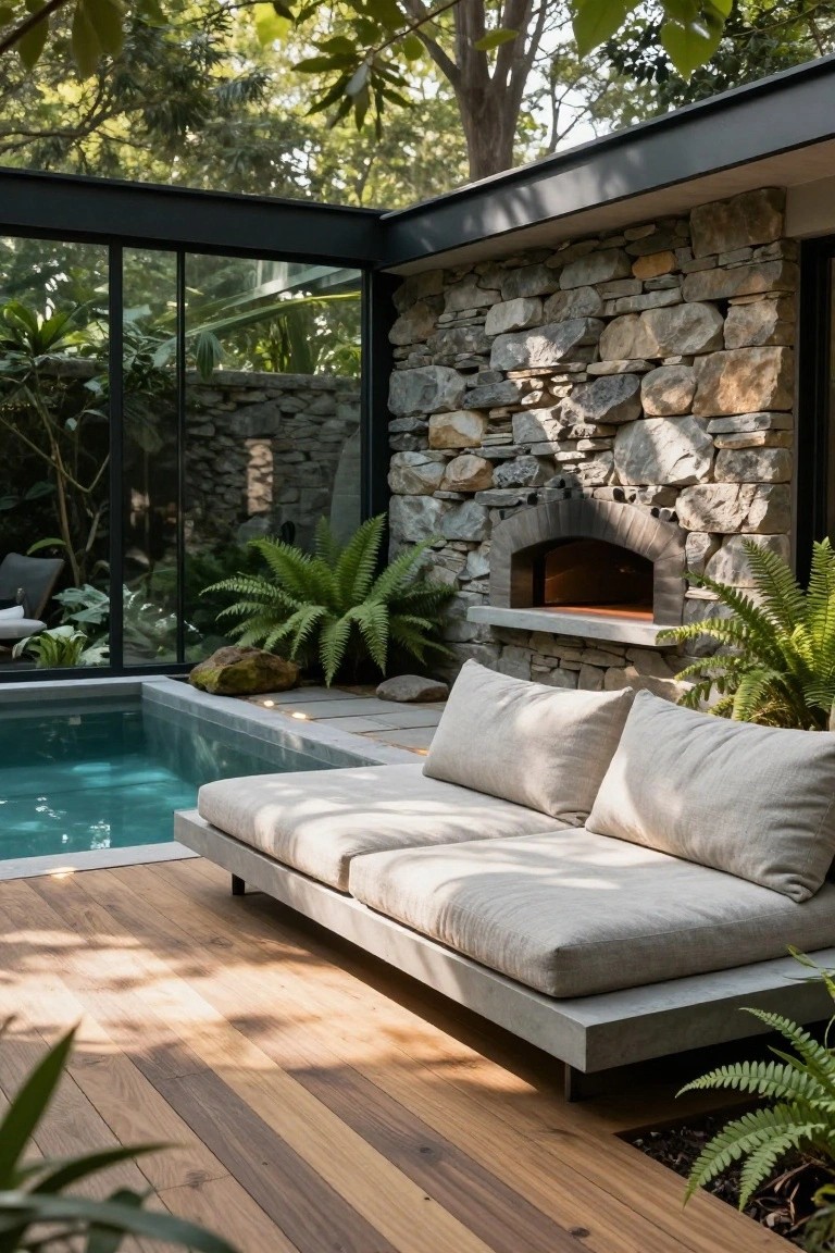 Small turquoise infinity pool next to a low white cushioned daybed on a wooden deck, with a stone wood-fired oven in a rock wall surrounded by ferns and tropical plants in a glass-enclosed courtyard.