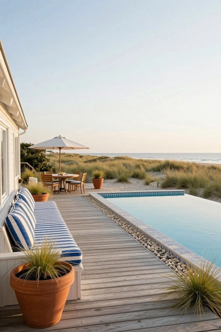 Wooden deck beside a rectangular infinity pool overlooking beach dunes and ocean, with a blue-and-white striped bench, potted grasses, dining table under white umbrella, and scattered beach grasses.