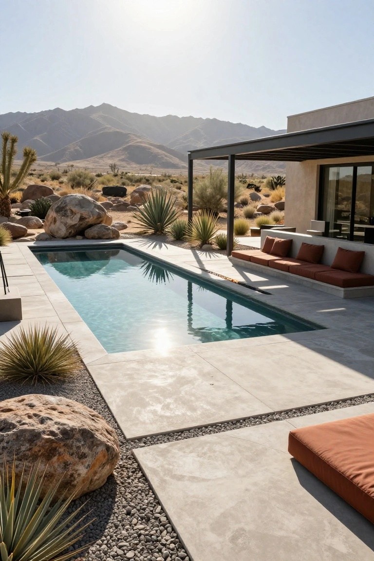 Modern infinity pool in a desert backyard edged by large boulders and agave plants, with a concrete deck, built-in seating under a metal pergola next to a minimalist house, and mountains in the background.