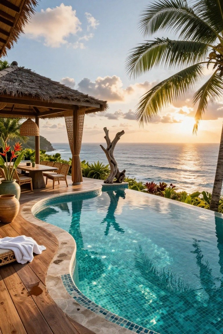 Wooden deck with curved turquoise infinity pool at the edge overlooking the ocean, thatched pavilion with dining table and chairs, palm trees, tropical plants, and sunset sky.