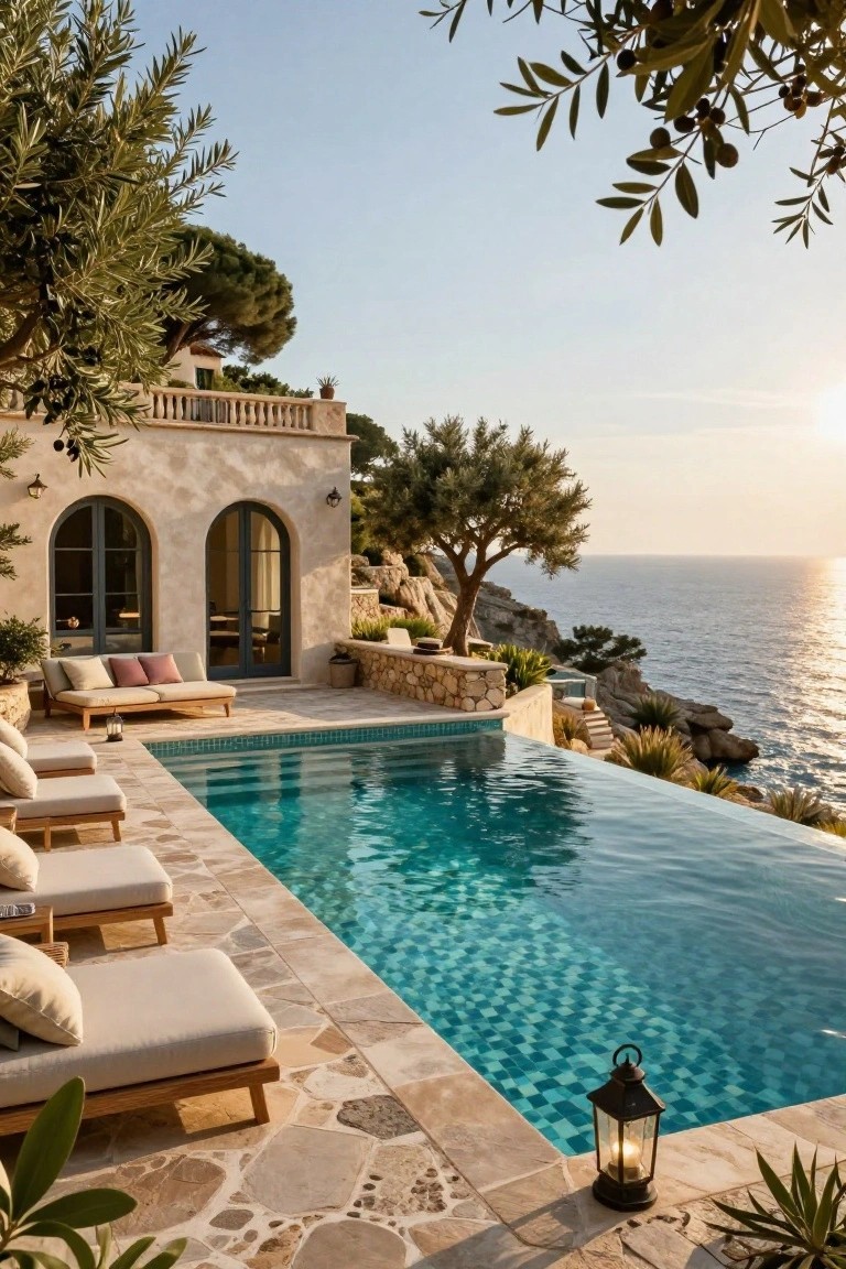 Turquoise infinity pool on a stone terrace beside a beige stucco house with arched doors and lounge chairs, overlooking rocky cliffs and the sea at sunset with olive trees nearby.