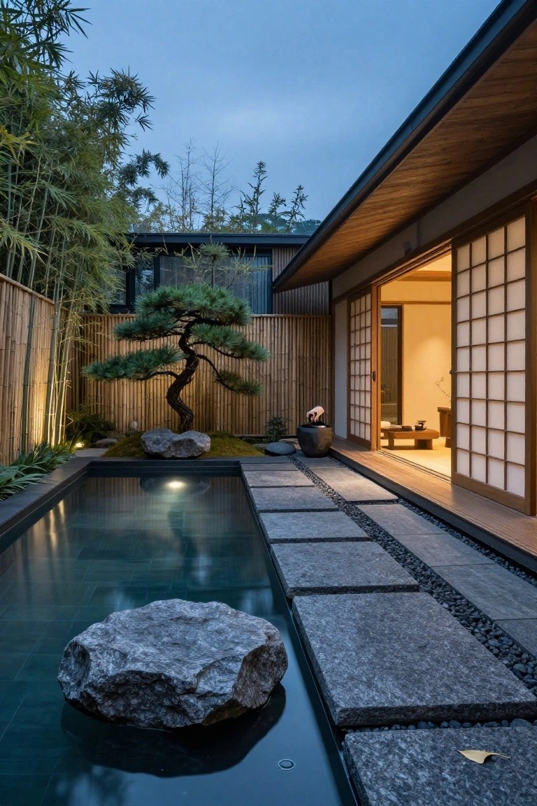 Rectangular black-tiled pool in a Japanese-style courtyard with a large gray boulder centered in the water, stone path leading to open shoji screen doors of the house, bonsai pine tree, bamboo fence, and soft evening lighting.